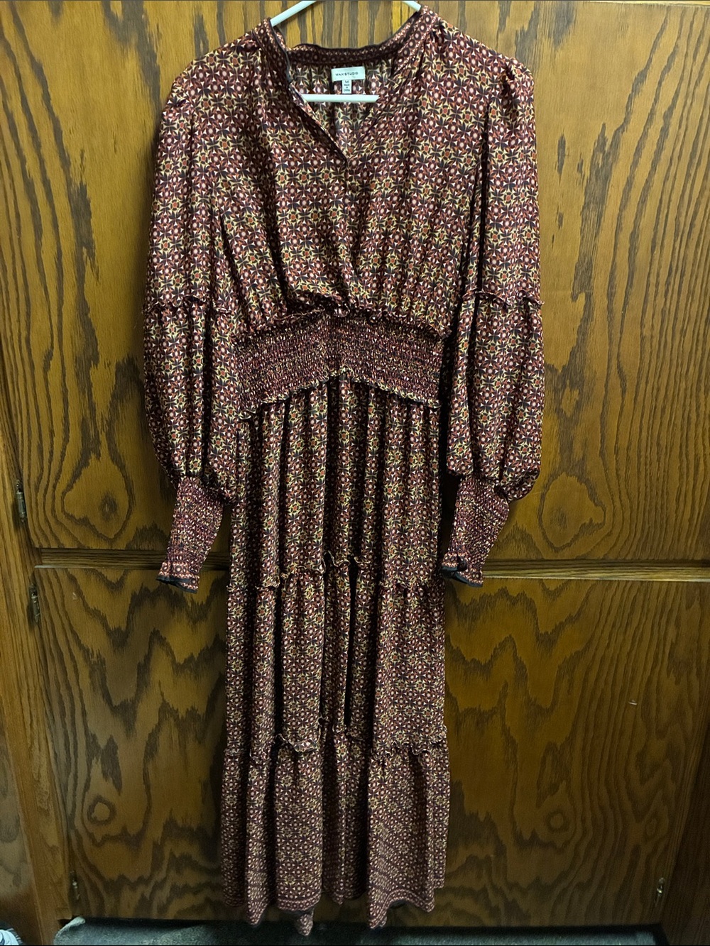 Max Studio Burgundy Floral Smocked Waist Tiered Maxi Dress